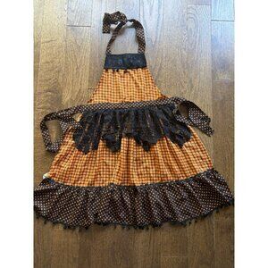 Pier1 imports Halloween Apron Orange Black White Polka Dot Spider Lace One Size